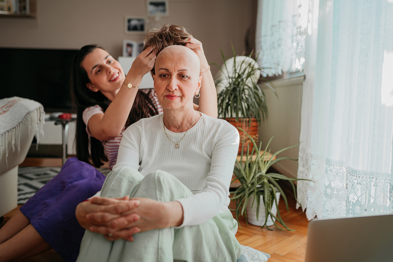 A woman and a wig after chemotherapy